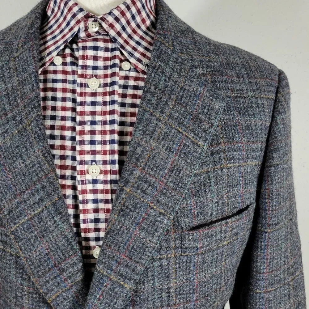 VTG John Alexander Men's Tweed Sport Coat Blazer‎ Two Button Plaid Gray Sz 44R